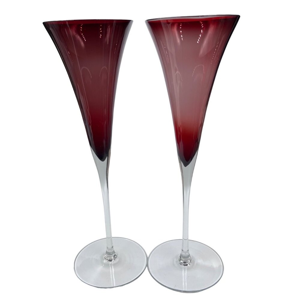 Pair (2) Of Burgundy Glass Champagne Flared Flutes Clear Stems 10.5 inches SEE